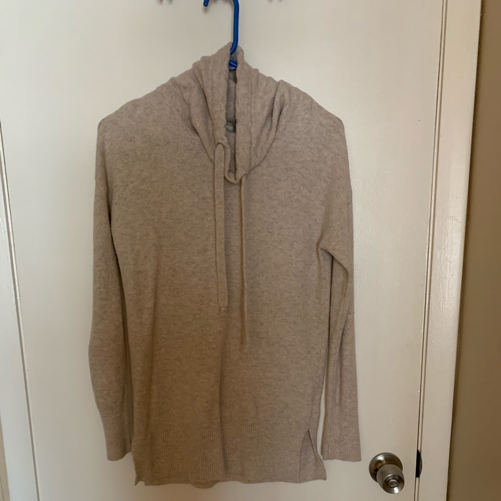 Tan cowl neck sweater with drawstring, small